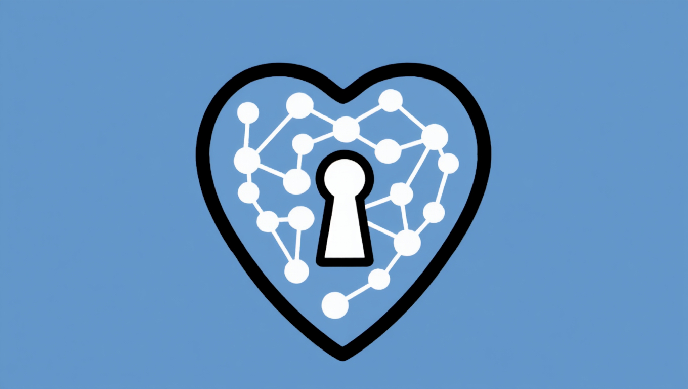 Südamekujulise musta kontuuriga sümboli sees on võrgumustri ja lukuaugu kujundus. Taust on helesinine.