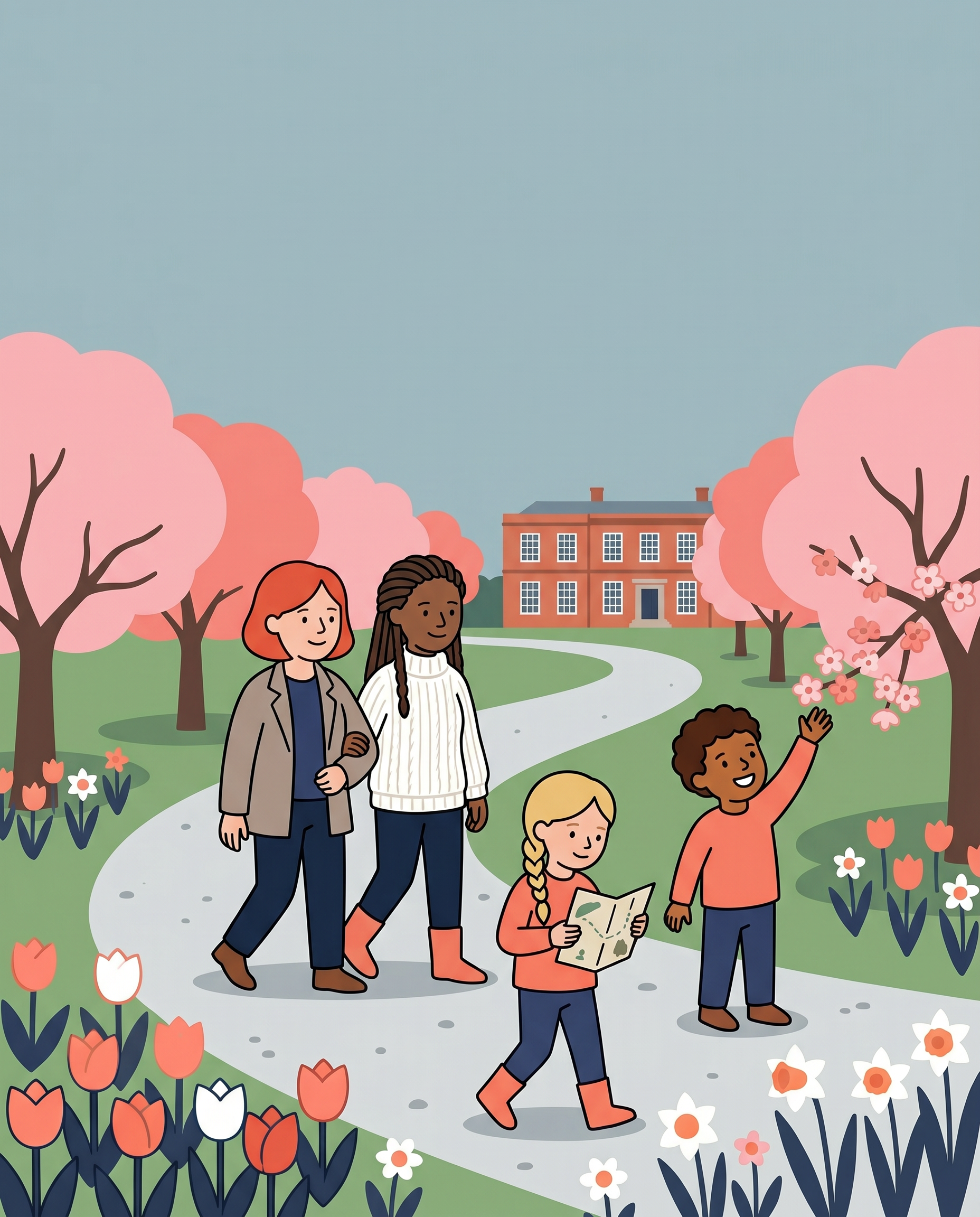 Illustration of a family walking through cherry blossom at Killerton House