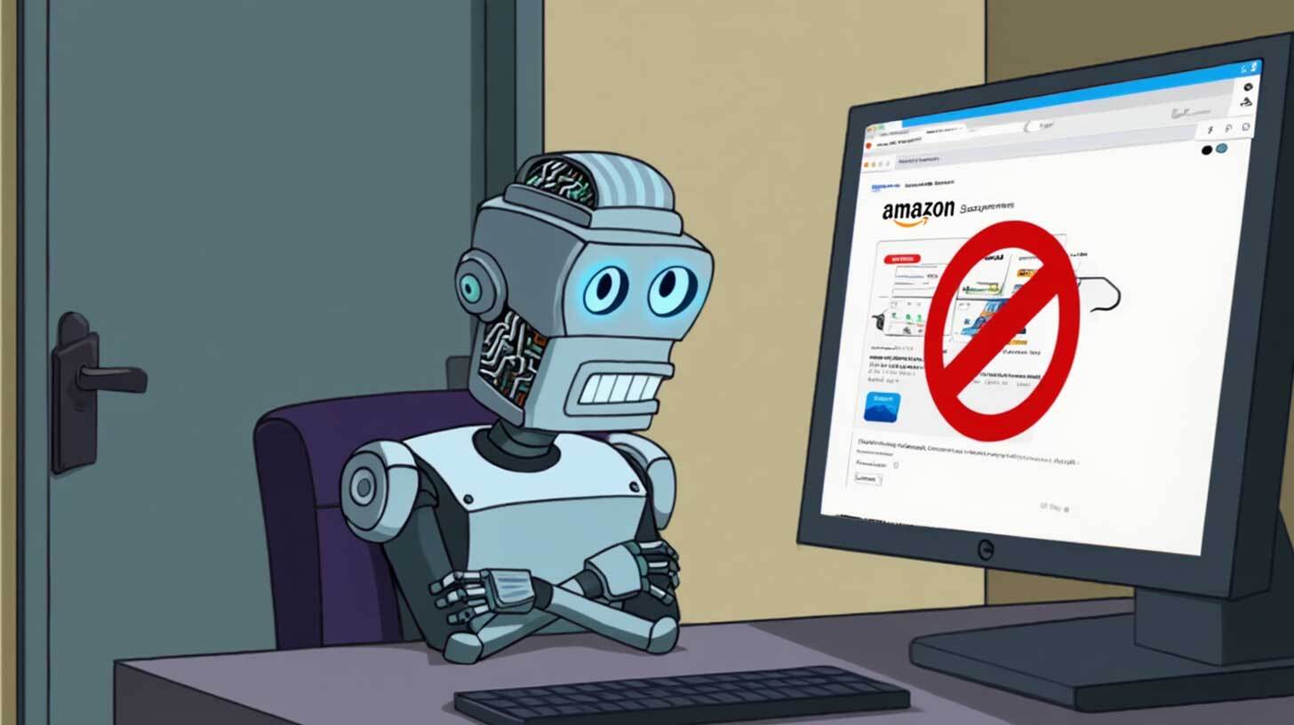 Arvutilaua taga istub robot, vaadates arvutiekraani. Ekraanil on avatud Amazon veebileht, millel on punane keelu märk peal.