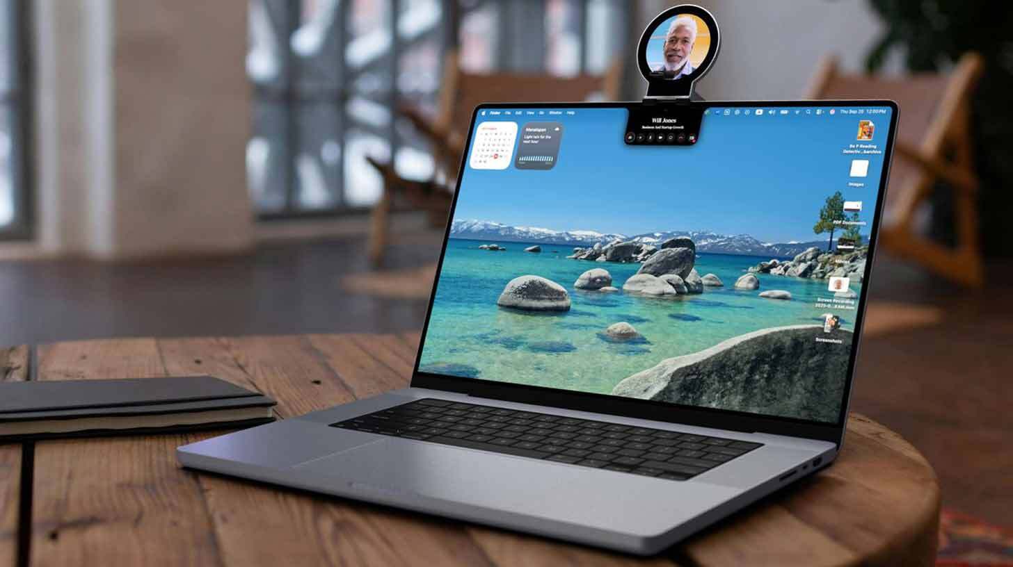 Sülearvuti puidust laual, mille ekraanil on taustapildina rahulik meremaastik kaljude ja puhtaveelise rannaga. Ekraani ülaservas on avatar ja nimi ning infovidinad. Arvuti taustal on udune interjöör.