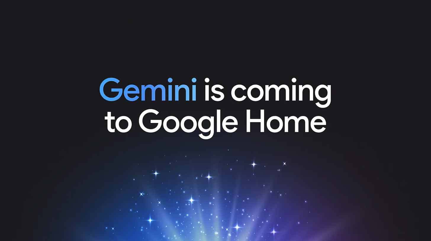 Tekst pimedal taustal: "Gemini is coming to Google Home". Alumises osas sinised valguskiired ja säravad tähed.