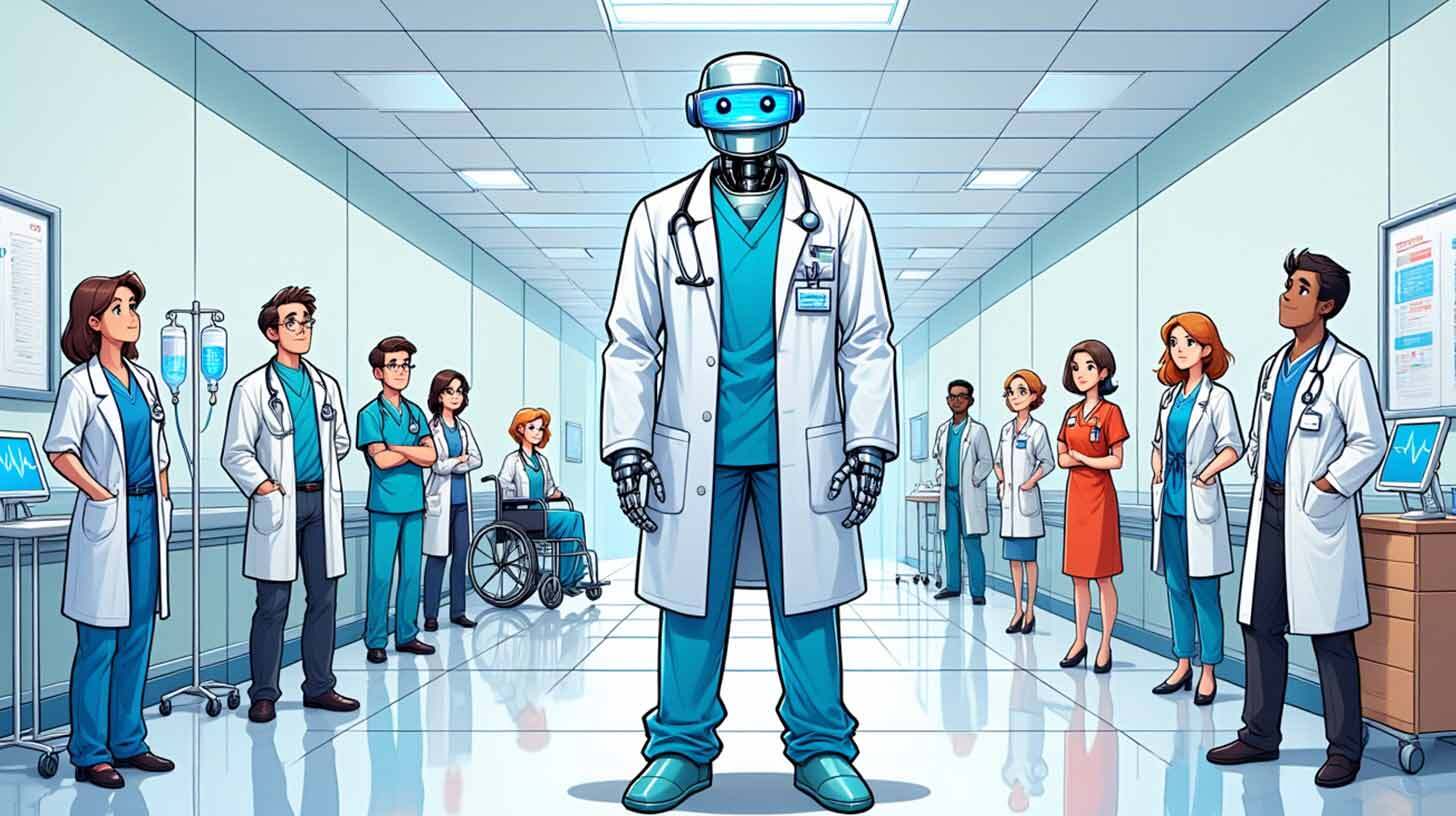 Robot arst seisab haiglakoridoris arstide ja meditsiinipersonali vahel, kes on rivistatud kahele poole. Robot kannab valget kitlit ja stetoskoopi. Koridor on puhas ja kaasaegne, seintel on meditsiinilised graafikud ja arvutiekraanid. Taustal on näha erinevat meditsiinitehnikat ning personalil on seljas haiglariietus.