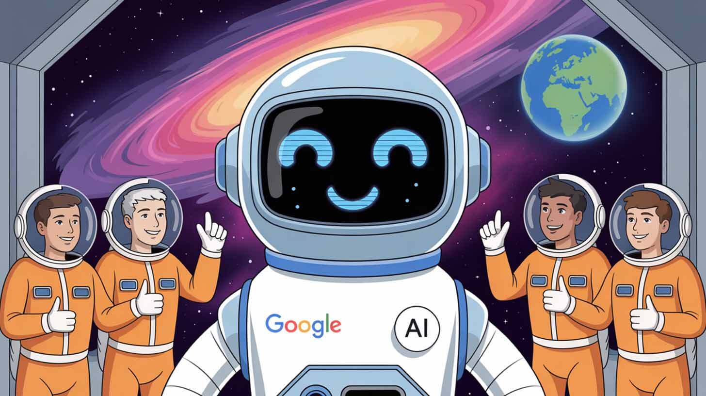 Kosmoselaeva interjöör, mille ees seisab naeratav robot, millel on kirjad 'Google' ja 'AI'. Roboti ümber on neli oranži kosmoseülikonnaga astronauti, kes näitavad pöidlaid püsti. Taustal on galaktika ja Maa.