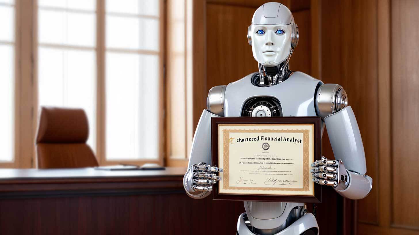 Robot hoiab käes raamitud diplomit büroo taustal.