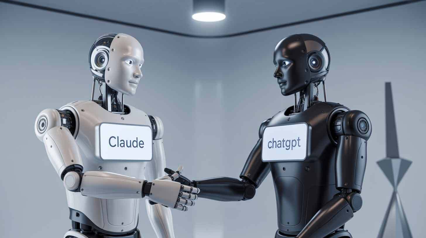 Kahel robotil on käEPigistus heledas ruumis, vasakul valge robot ja paremal must robot.