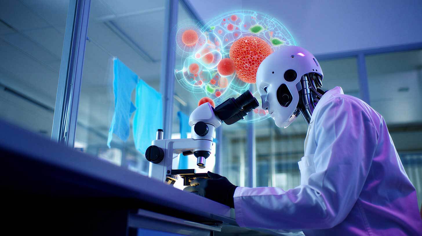 Robot laboris vaatab läbi mikroskoobi. Ekraanil kuvatakse mikroskoobi vaatevälja kujutis, mis näitab punaseid ja rohelisi molekule. Robot kannab valget laborikitlit ja taustal on näha laboratooriumi seadmeid.