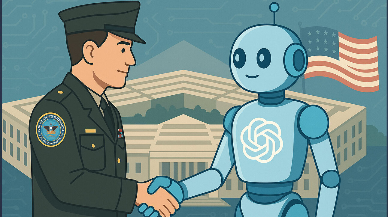 Illustratsioon, millel on kujutatud sõjaväelast surumas kätt robotiga, millel on OpenAI logo rinnal. Taustal on Pentagon ja Ameerika Ühendriikide lipp.