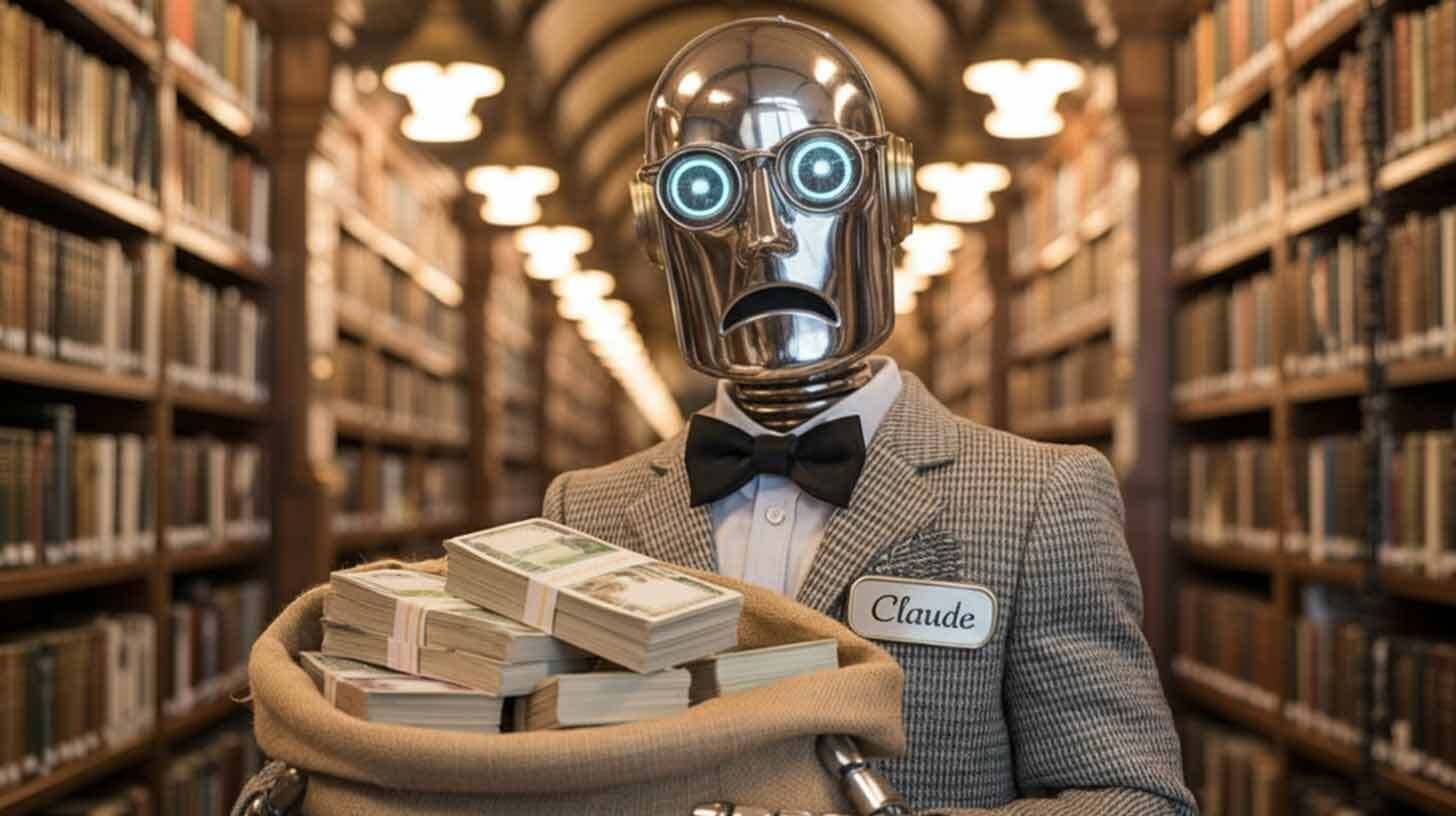 Robot metallkorpusega seisab raamatukogus, käes kott rahaga. Robot kannab lipsuga elegantselt riietatud pintsakut ja prille. Põhjal asub silt nimega 'Claude'. Taustal on näha raamatuid riiulitel.