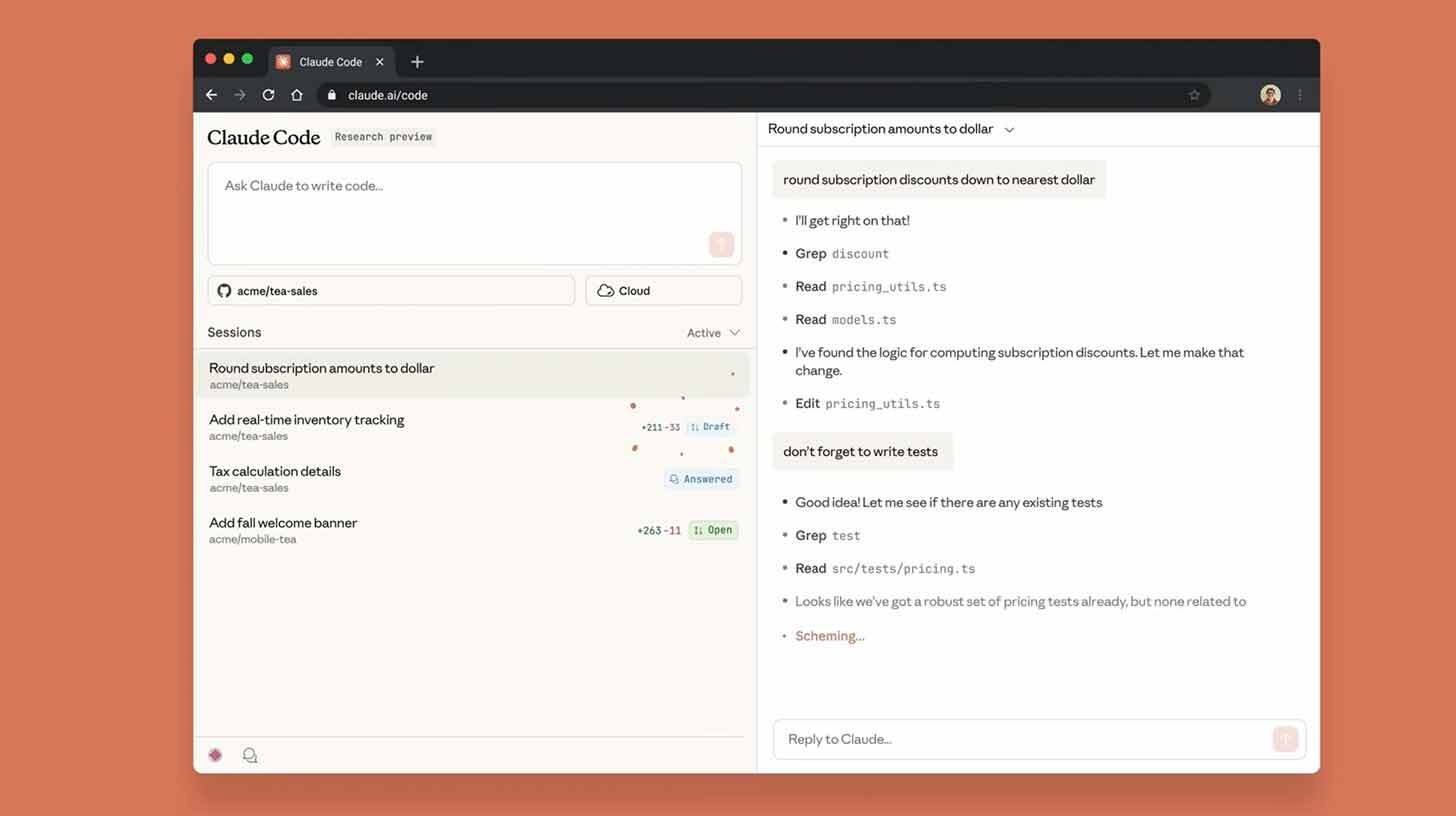 Veebiakna ekraanipilt näitab programmi nimega 'Claude Code'. Vasakul pool on otsinguriba ja 'Sessiionid' sektsiooni all on loetletud erinevad teemad nagu 'Round subscription amounts to dollar', 'Add real-time inventory tracking', 'Tax calculation details' jne. Parem pool kuvab valitud teema 'Round subscription amounts to dollar' üksikasjad, sealhulgas juhised failide 'pricing_utils.ts' ja 'models.ts' lugemiseks ning märkuse testide kirjutamise kohta.