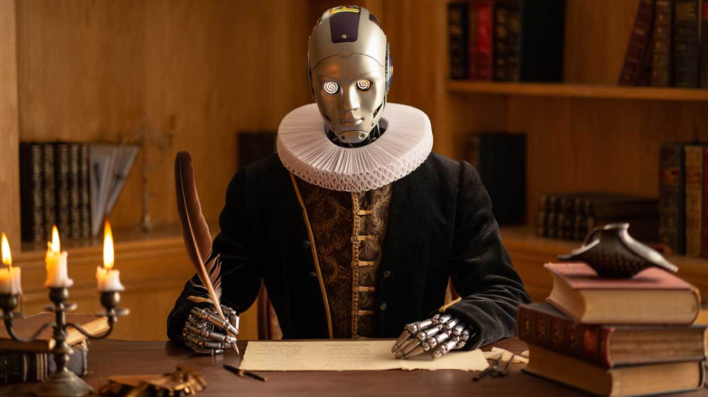 Robot, renessansiaegses rõivastuses, istub laua taga, hoides sulepead. Kroomitud mehhaanilised käed ja futuurne nägu on ühendatud traditsioonilise kõrge kraega rõivastusega. Talle on seljataga vanaaegsed raamatud ja põrandal põlevad küünlad lisavad keskaegset atmosfääri.