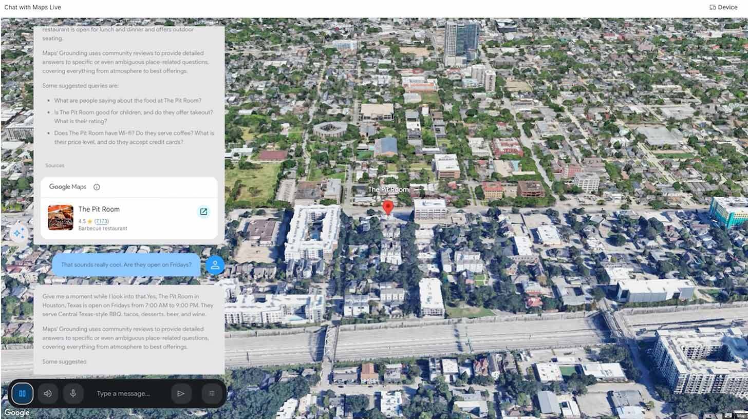 Kaart Google Mapsist, kus on nähtav linna piirkond koos hoonetega ja tähistatud asukoht nimega 'The Pit Room'. Ülaltvaade kaardil kuvab tihedat linnastut, kus on hulk erinevaid hooneid ja tänavaid. Allosas on vestlusaken sinise ja halli tekstikastiga, milles on kirjas info restorani lahtiolekuaegade ja pakutavate roogade kohta.