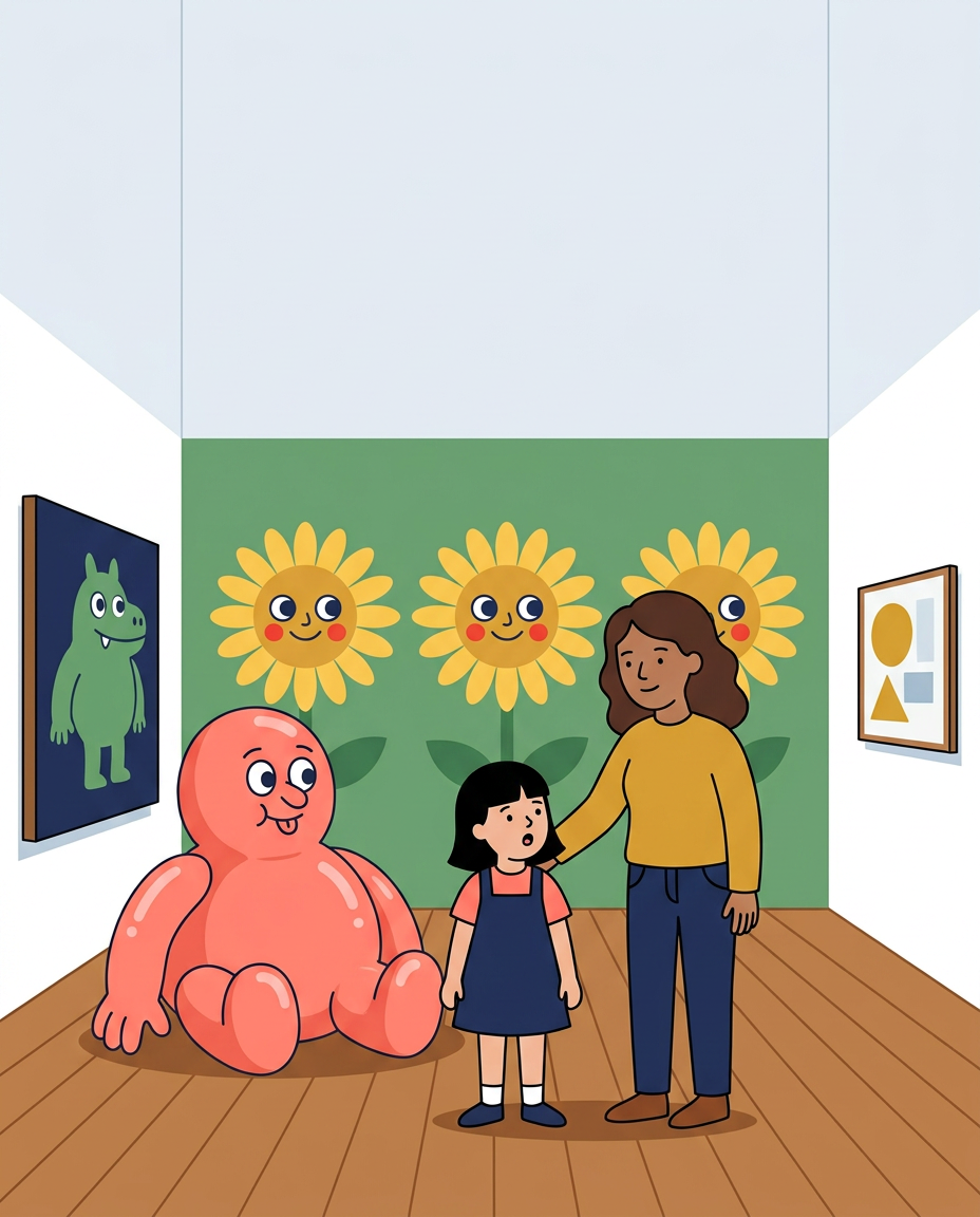 Illustration of a parent and child looking at colourful contemporary art inside Exeter Phoenix gallery