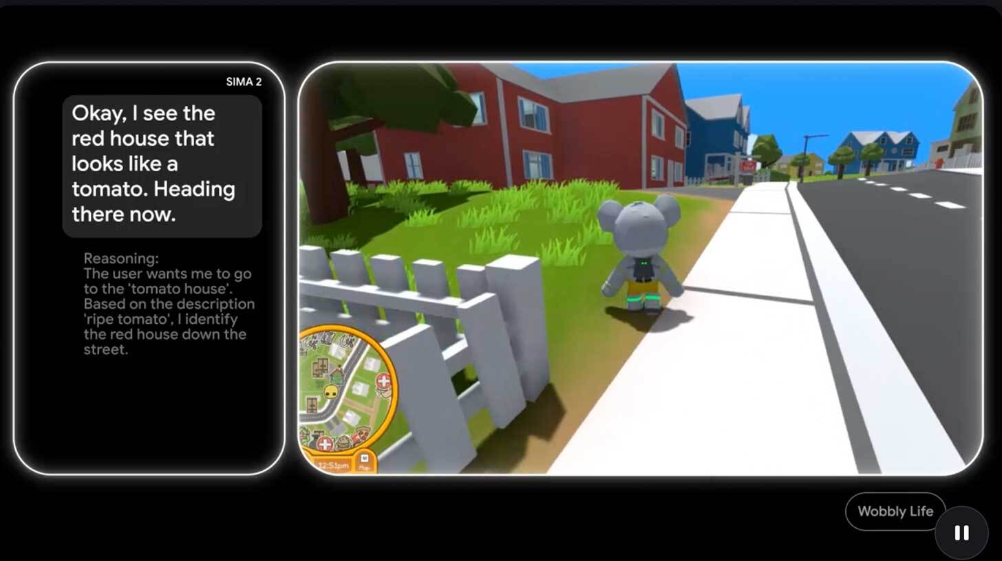 Kujutisel on mängukeskkond, kus vasakul kuvatakse tekst: "Okay, I see the red house that looks like a tomato. Heading there now." Põhjendus: "The user wants me to go to the 