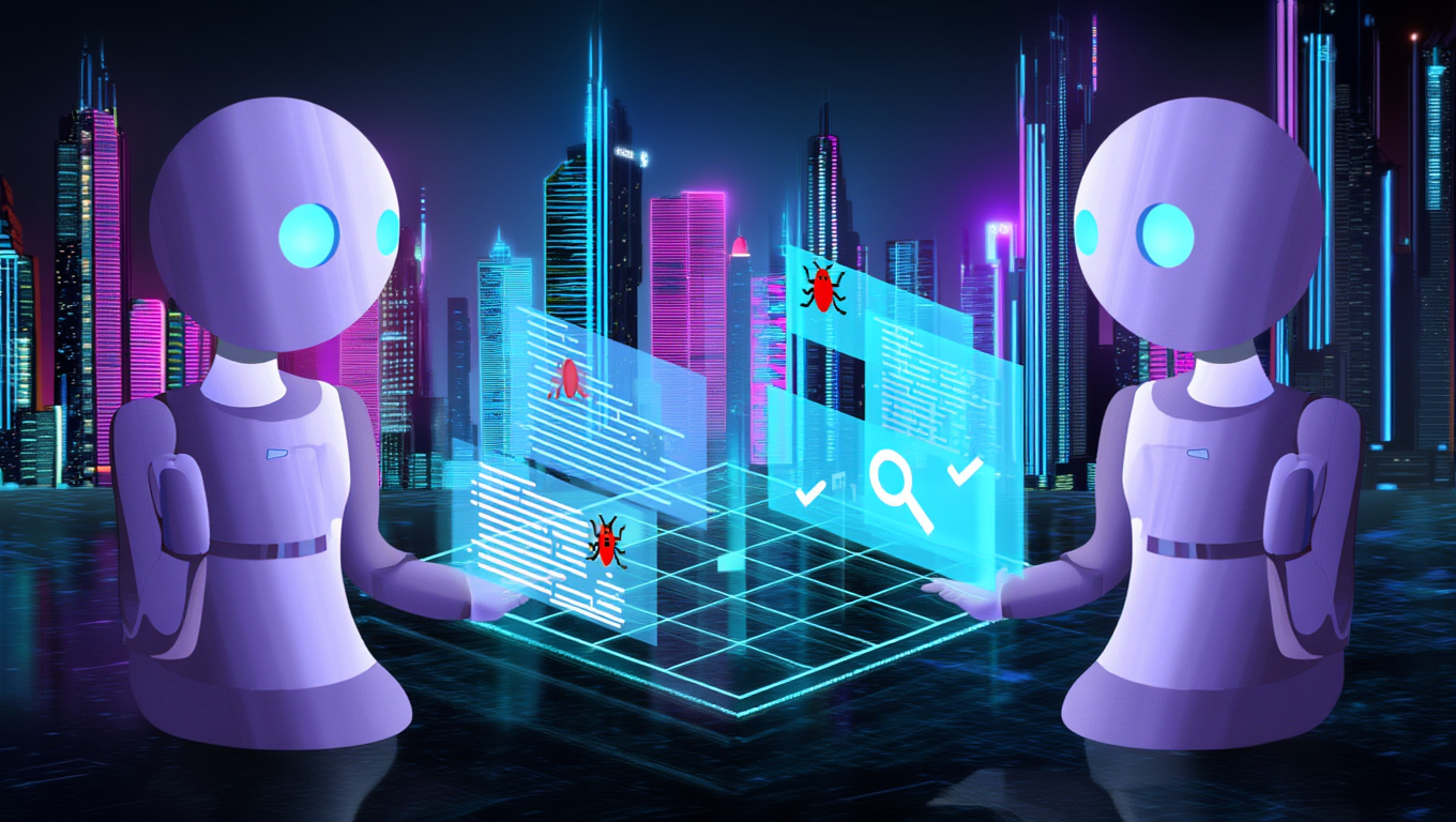 Kaks lillat, ümarate vormidega roboti kujutist istuvad vastamisi futuristliku linna taustal. Nende vahel on läbipaistev digitaalne ekraan, millel on nähtavad vead ja otsingusümbolid. Linna hooned on valgustatud siniste ja roosade neoonvärvidega.