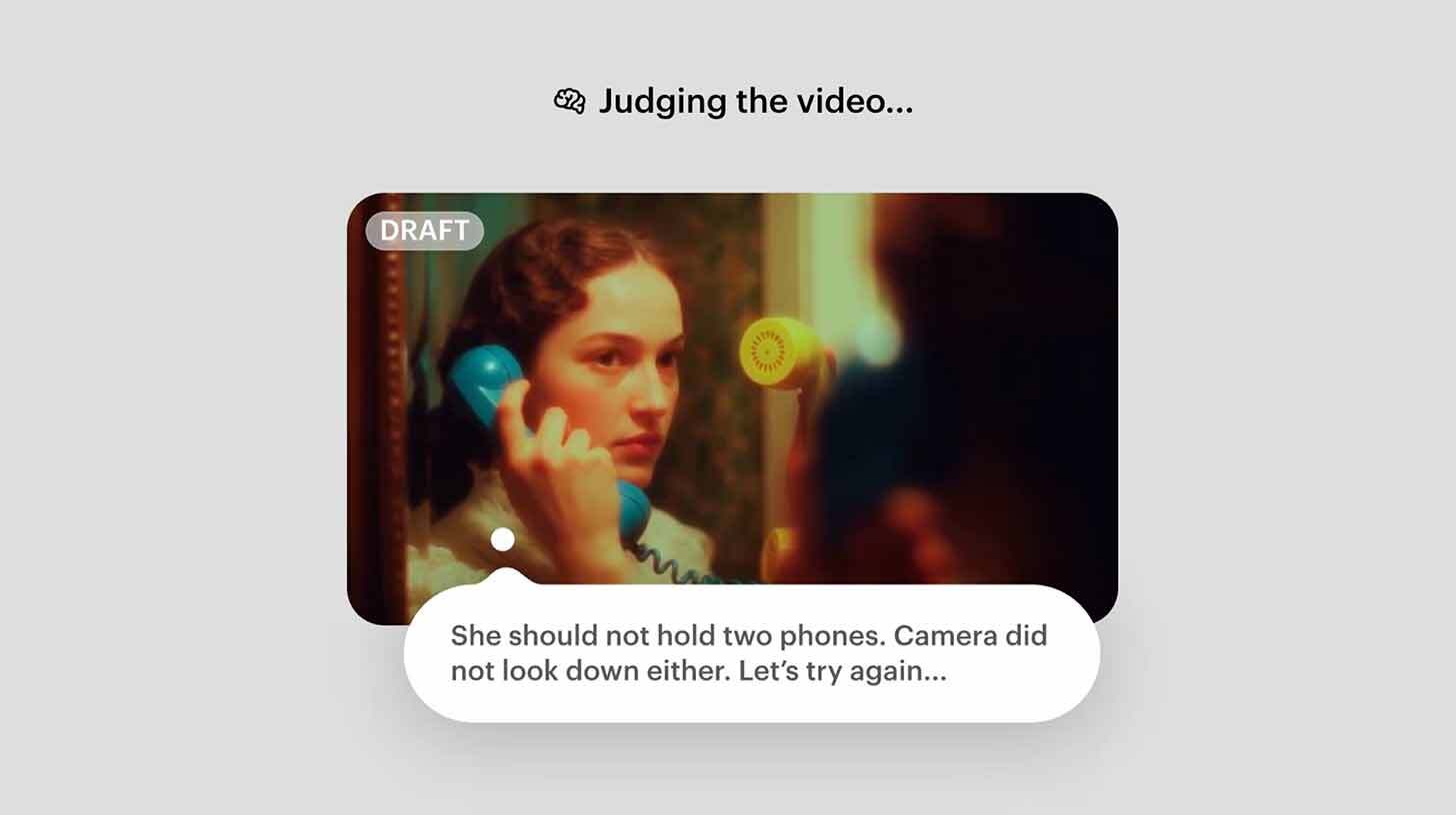 Noor naine hoiab kahte erinevat värvi telefoni: sinist ja kollast. Pildi nurgas on sõna 'DRAFT'. Pildi allosas on tekst: 'She should not hold two phones. Camera did not look down either. Let's try again…'.