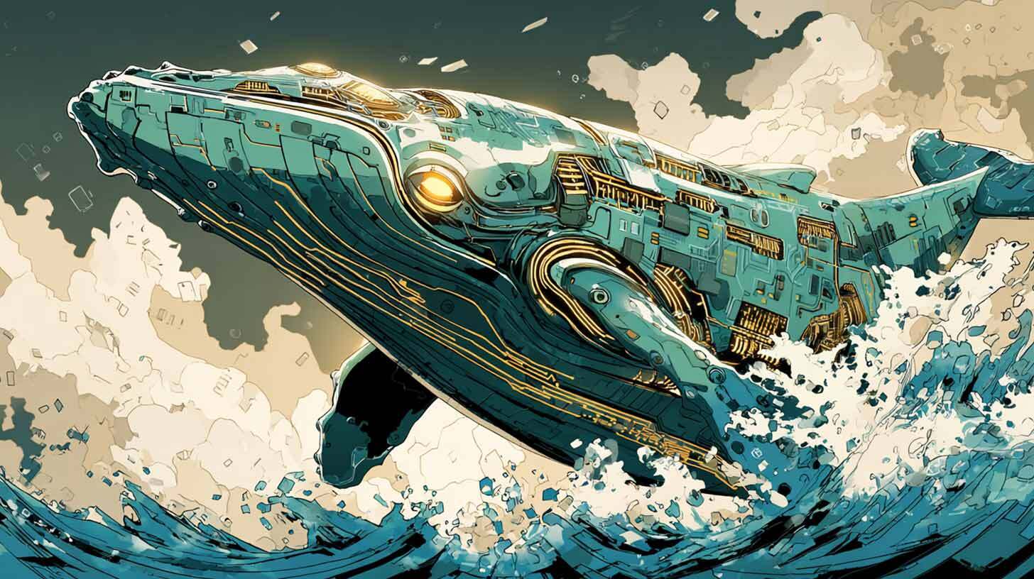 Illustratsioon küborgvaalast, kes hüppab veest välja. Vaala keha on kaetud mehaaniliste detailidega, sealhulgas juhtmete ja metallplaatidega. Taevas on pilvine ja vesi pritsib üles, luues dünaamilise ja futuristliku stseeni.
