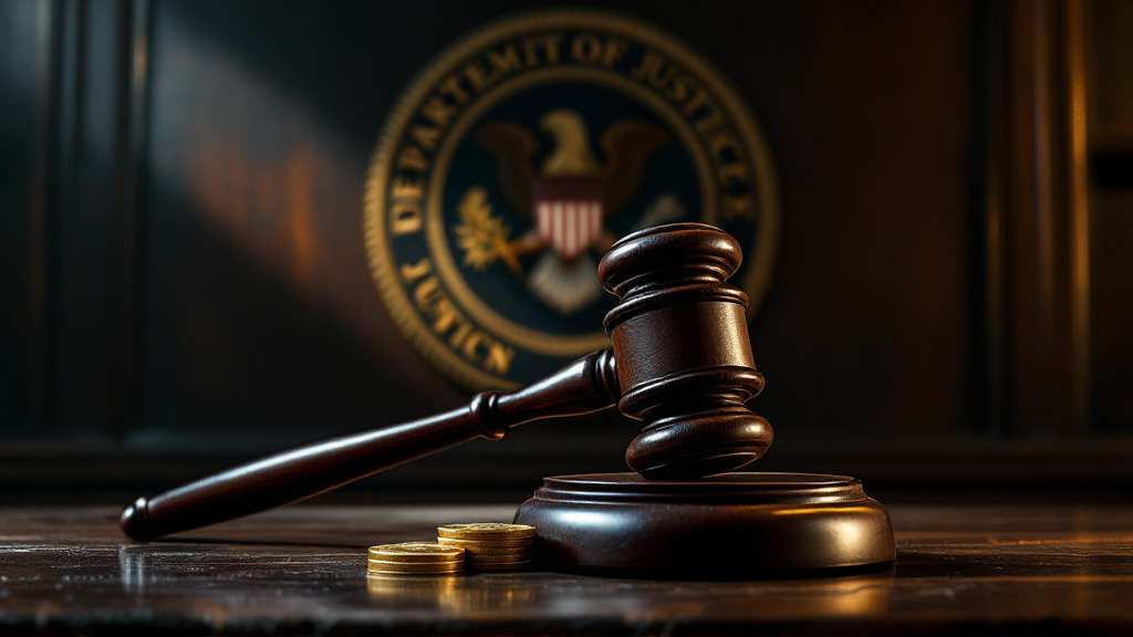 The Gavel That Never Fell — a judge's gavel resting on gold coins with the DOJ seal in shadow