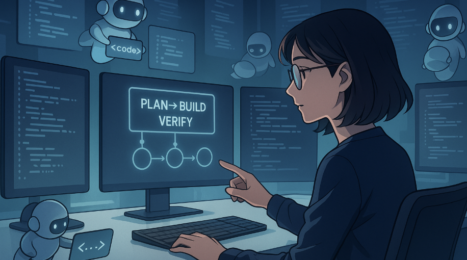 Naine tumedate juustega ja prillidega istub laua taga, suunates sõrmega arvutiekraanile, millel on kirjas 'Plan → Build → Verify'. Ekraanil on ka visuaalne protsessiskeem. Ruumi seintel olevatel ekraanidel ja laual on programmeerimiskood. Ruumi kaunistavad väikesed, lendavad robotid, millest mõnel on käsilauad tekstiga 'code'.