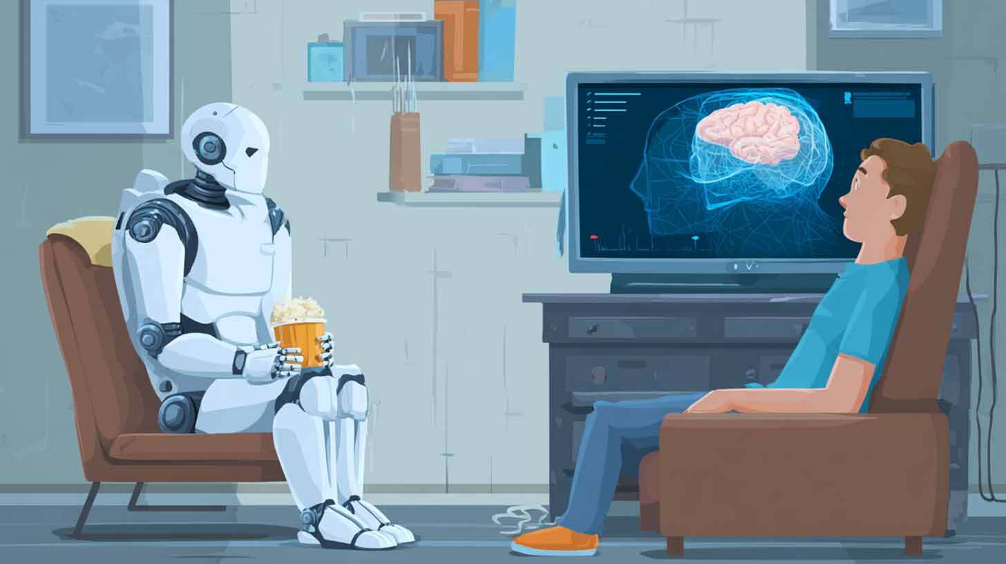 Robot istub diivanil, hoides käes popkornikaussi. Tema vastas istub mees sinises särgis, vaadates ekraani, millel on kujutatud aju skaneerimist. Seinariiulil on raamatud ja esemed.
