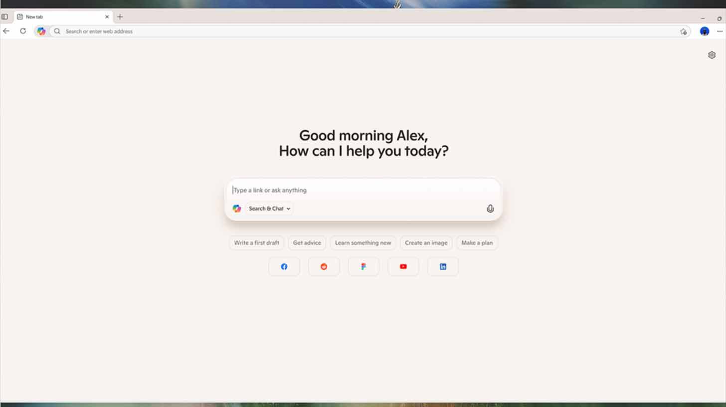 Kuvatõmmisel on brauseri aken, kus on keskel tekst 'Good morning Alex, How can I help you today?' Selle all on otsingu- ja vestlusväli koos mikrofoni ikooniga. All pool on nupud erinevate toimingute jaoks nagu esimese mustandi kirjutamine, nõu saamine, millegi uue õppimine, pildi loomine ja plaani koostamine. Allosas on erinevate rakenduste ikoonid.