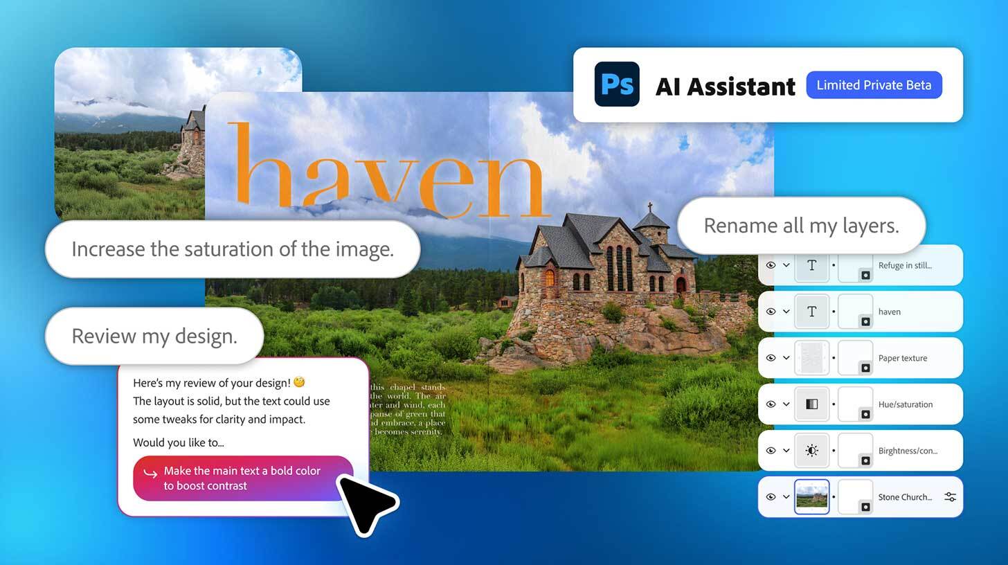 Kujutisel on disainitöötluse näide, kus keskel on kivihoone rohelise looduse keskel. Suur oranž kiri 'haven' on hoone kohal. Ümberringi on erinevad tööriistade kasutamise näited nagu kihiliste nimekirjade ümbernimetamine ja kontrasti suurendamine. Üles on lisatud 'AI Assistant Limited Private Beta' märk.