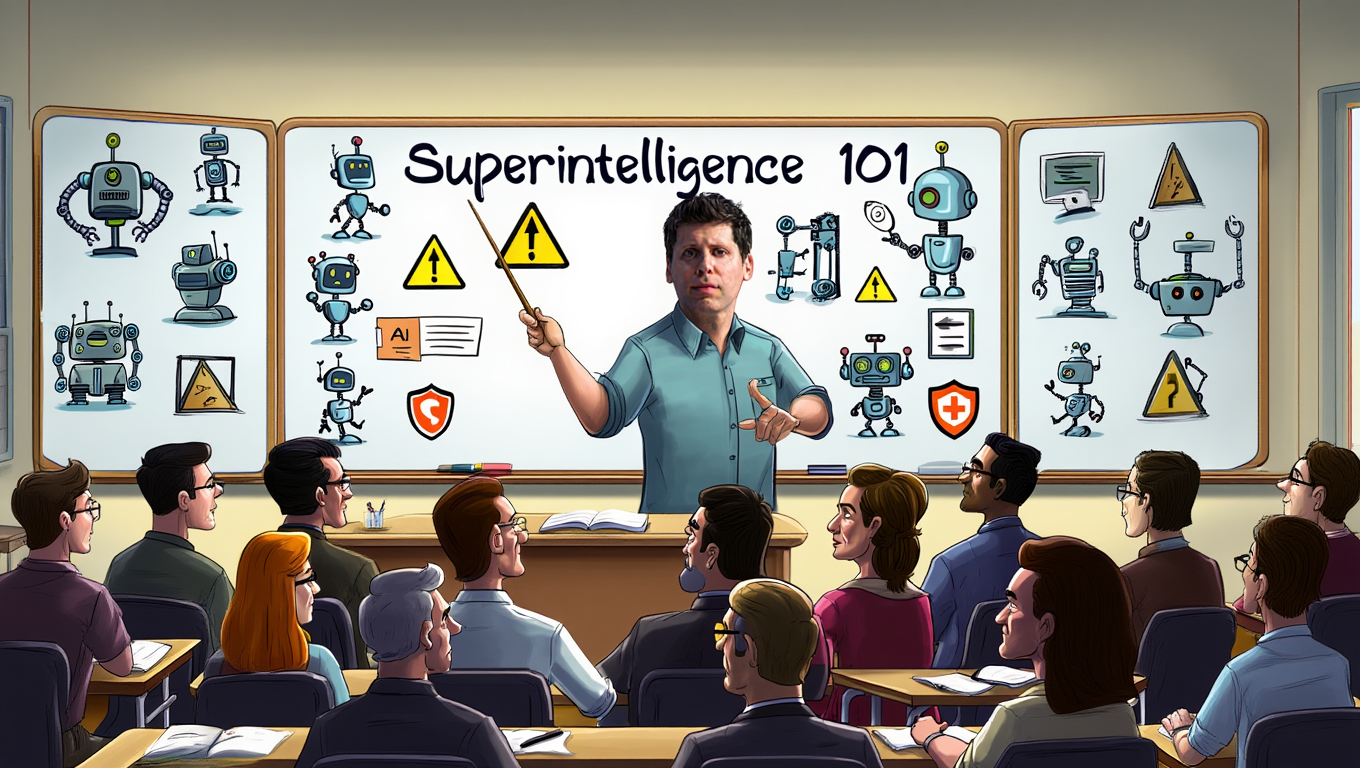 Klassiruum, kus õpetaja seisab tahvli ees pealkirjaga 'Superintelligence 101'. Tahvlil on joonistatud erinevad robotid ja hoiatussümbolid. Õpilased istuvad pingiridades ja kuulavad õpetajat, kes osutab puupulgaga tahvlile. Seinad on kaunistatud tehnoloogiateemaliste õpimaterjalidega.