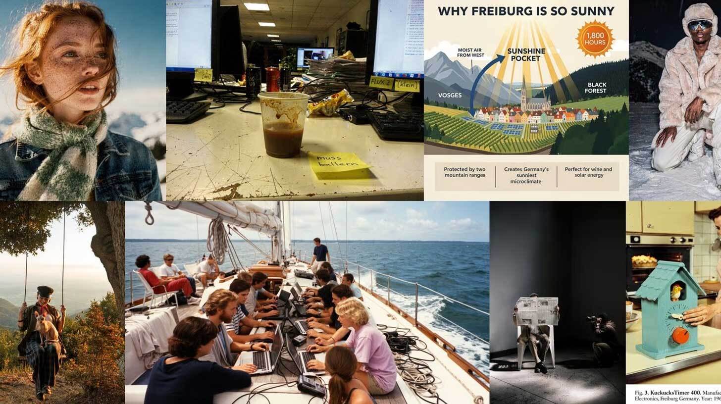 Pildil on kollaaž erinevatest stseenidest: üleval vasakul on inimene tuulistes tingimustes, tema järel segamini laual on arvutiekraanid ja kohvitass. Üleval paremal on illustratsioon Freiburgi päikeselisusest koos selgitustega. Kõrval on inimene karvases riietuses talvises keskkonnas. Keskel vasakul on inimene kiigel, all keskel rühm inimesi sülearvutitega purjelaeval töötamas. Paremal on keegi, kes vaatab läbi ajalehtede hunniku, ja mees, kes keedab toitu köögis kõrval seismas kellukesega maja.