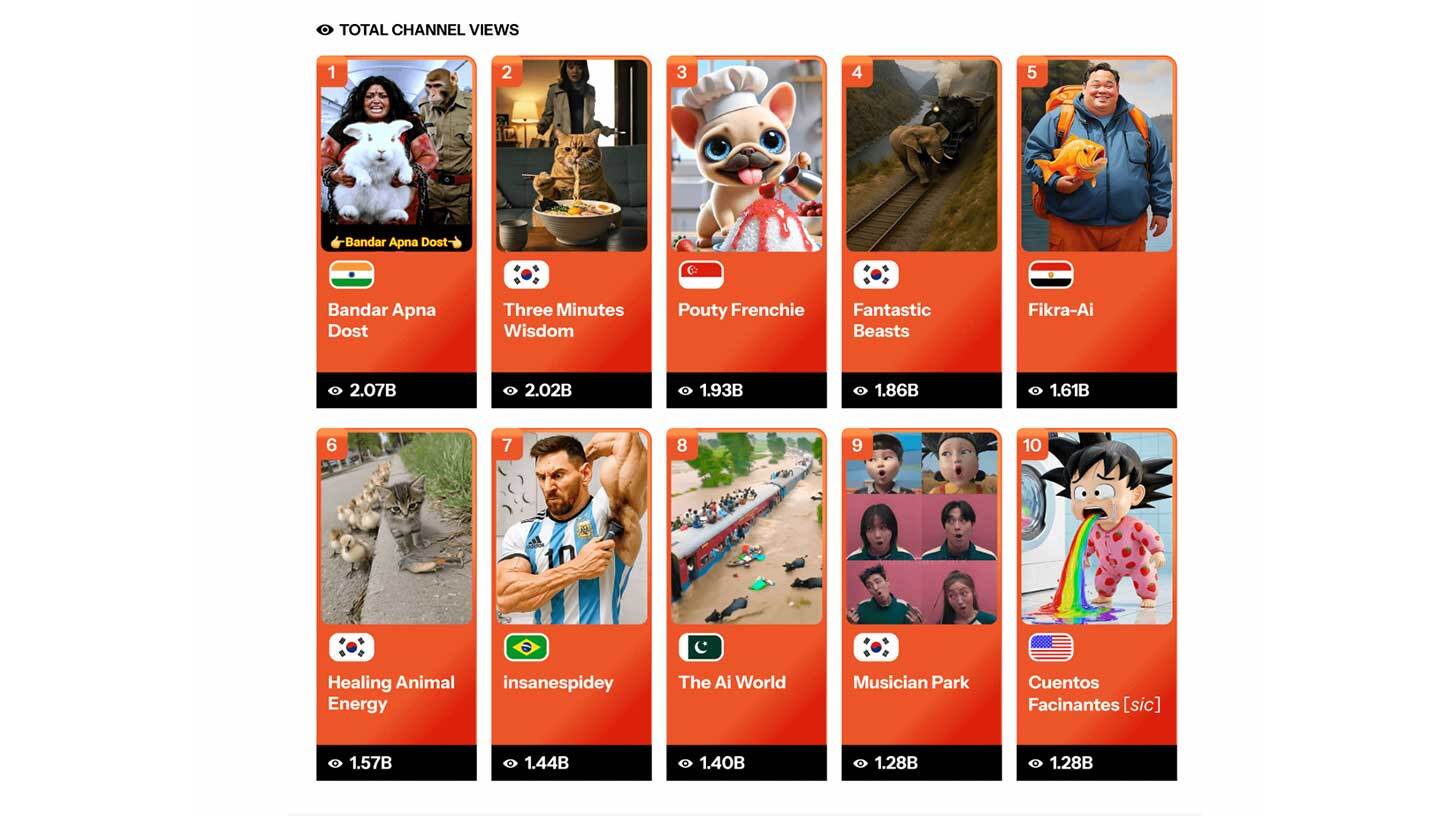 Pilt näitab kümmet YouTube'i kanali reitingut koguvate vaatamistena. Iga reiting sisaldab kanali nime, riigi lippu ja vaatamiste arvu. Esimene on "Bandar Apna Dost" Indiast, teine "Three Minutes Wisdom" Lõuna-Koreast, kolmas "Pouty Frenchie" Singapurist, neljas "Fantastic Beasts" Lõuna-Koreast, viies "Fikra-AI" Egiptusest, kuues "Healing Animal Energy" Lõuna-Koreast, seitsmes "insanespidey" Brasiiliast, kaheksas "The Ai World" Pakistanist, üheksas "Musician Park" Lõuna-Koreast ja kümnes "Cuentos Facinantes" [sic] USAst.
