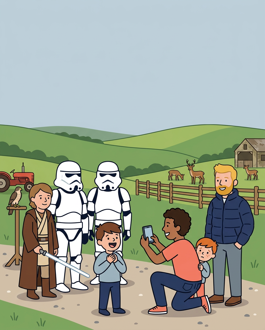Illustration of a family meeting costumed characters at World of Country Life in Exmouth