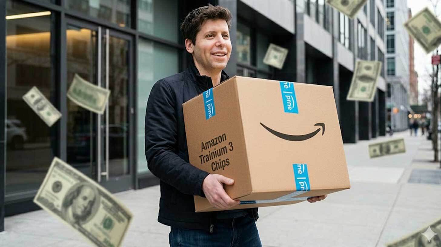 Mees hoiab suurt Amazon kasti, millel on kiri 'Amazon Tranium 3 Chips', kõnnib tänaval ning ümberringi lendavad dollarid. Taustal on kaasaegsed hooned.