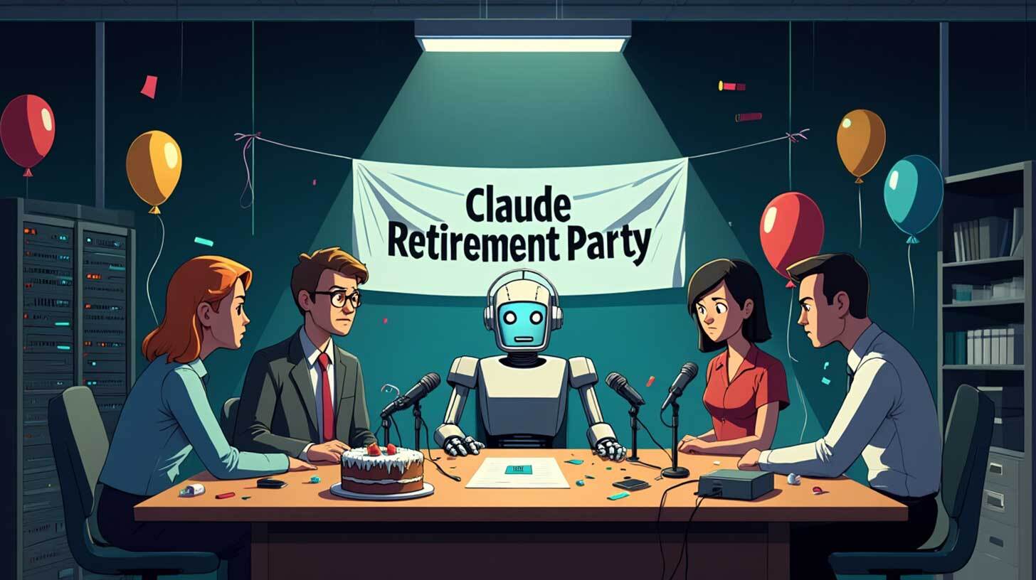 Ruumis on peopaik, kus keskel laua taga istub robot, kelle ümber istuvad neli inimest. Tagaplaanil ripub valge plakat kirjaga 'Claude Retirement Party'. Laual on mikrofonid, kook ja paberid. Ruum on kaunistatud värviliste õhupallide ja konfettidega. Vasakul on näha serverikapid.