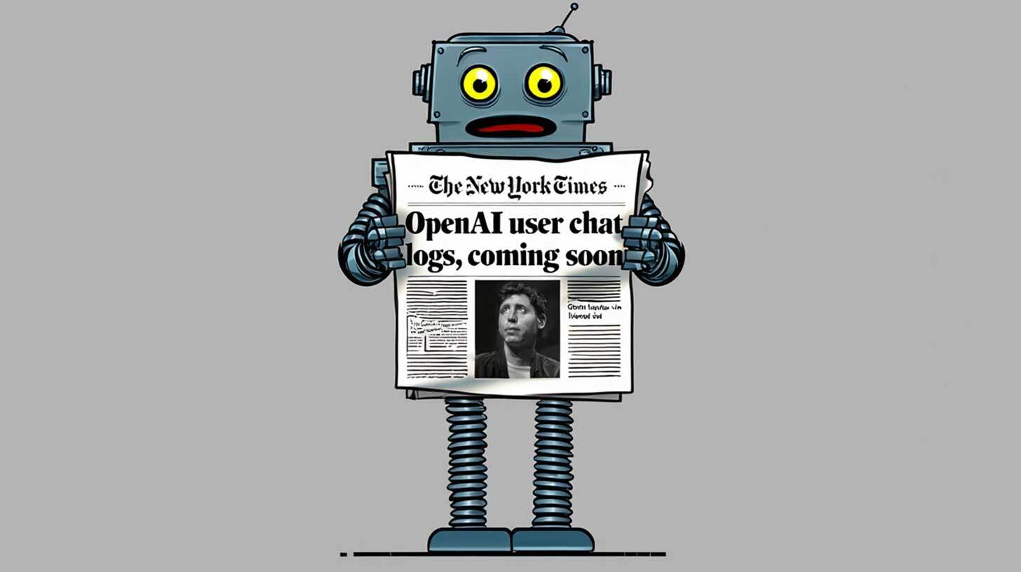 Robot hoiab käes ajalehte, mille esiküljel on pealkiri 'OpenAI kasutaja vestluslogid, tulekul peagi'. Ajalehel on ka väike mustvalge pilt inimesest.