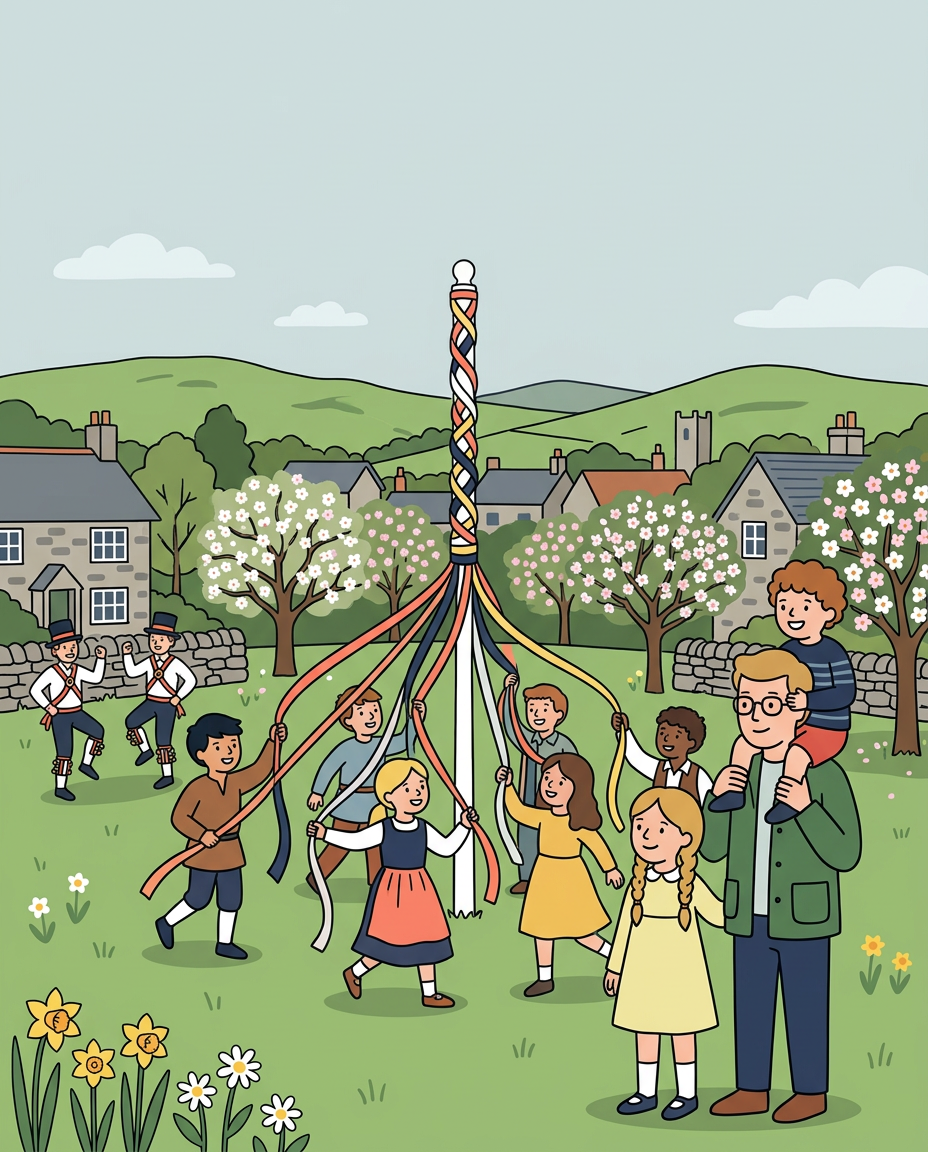 Illustration of a family watching maypole dancing at Lustleigh May Day on the edge of Dartmoor