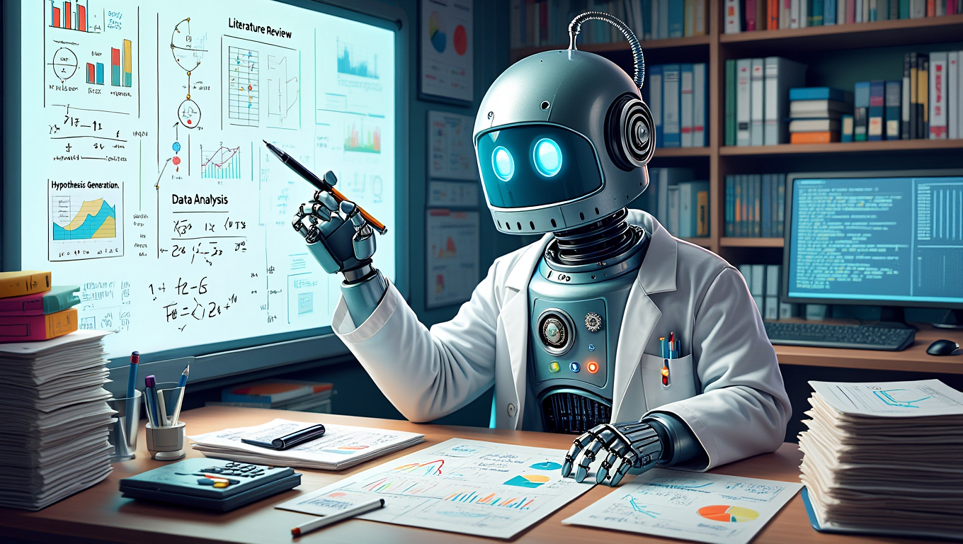 Robootik ilmselt teaduslikus laboris, kandes valget kitlit. Ta istub laua taga, mis on kaetud graafikute ja dokumentidega. Laual on ka kalkulaator ja pliiatsid. Taga on valge tahvel, millel on matemaatilised märkmed ja graafikud. Seinal on riiul koos raamatutega ja arvutiekraan näitab koodi.