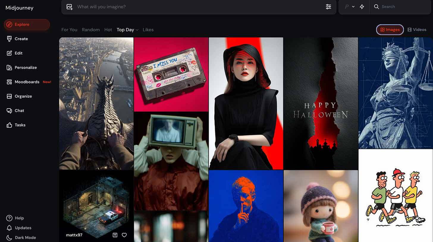 Veebilehe kujundus, kus vasakul asuvad menüüvalikud nagu 'Explore', 'Create', 'Edit' jne. Paremal pool on mitu pilti: lohe seljas sõitja, kassetiga sõnum 'I Miss You', naine mustas kleidis ja kübaraga, Halloween'i teema, skulptuur õigusemõistmisest, politsei auto öösel vaatega siseõuel, inimene teleri ekraaniga pea kohale asetatud, heledates toonides mees sõrmega suul, tüdruk nuku kujulises mütsis, hoidmas kruusi, ja kolm jooksvat meest koomiksistiilis.