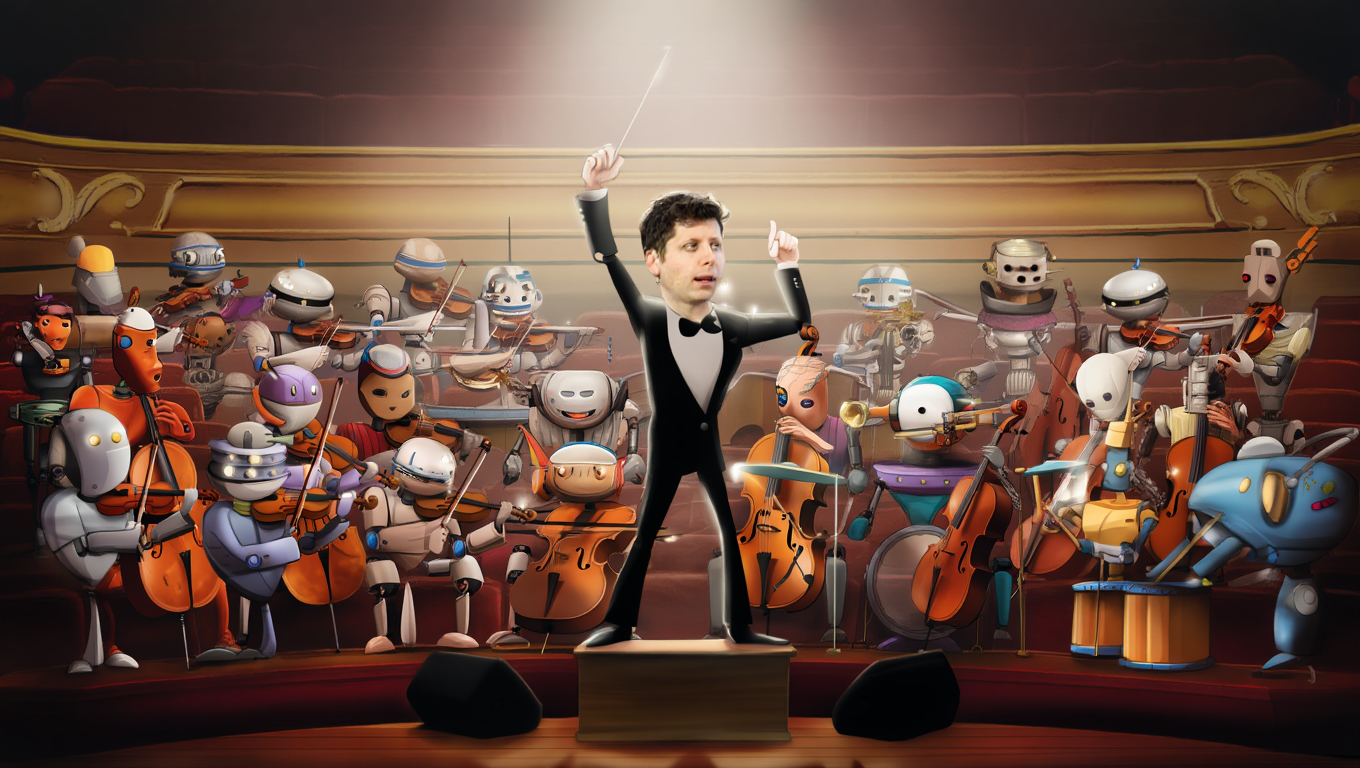 Dirigent juhatab orkestrit, mis koosneb erinevatest muusikainstrumente mängivatest robotitest. Lava on valgustatud ning taustal on näha teatrisaali.