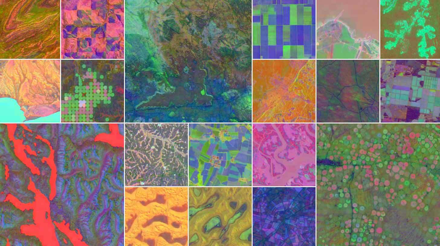 Mitmevärviline mosaiik, mis koosneb erinevatest satelliidipiltidest, näidates maastike mitmekesisust. Iga ruut esitab erineva piirkonna, kus on nähtavad erinevad geograafilised ja inimtekkelised mustrid, nagu põllud, metsad ja veekogud. Toonid ulatuvad erksatest punastest ja roosadest rahustavate sinise ja roheliseni.