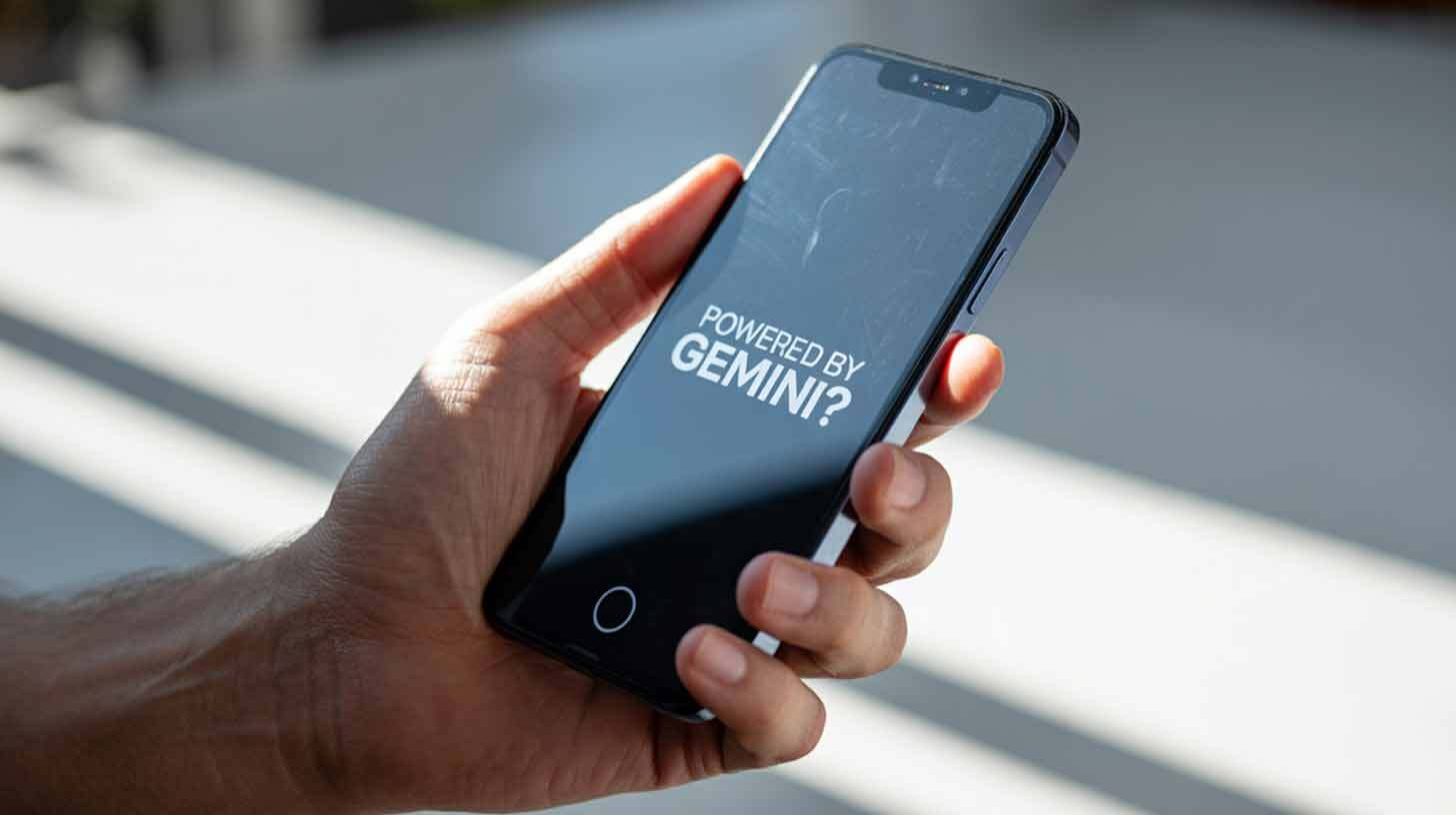 Käes hoitakse nutitelefoni, mille ekraanil on kiri 'Powered by Gemini?'. Telefoni taust on hele ja valgusküllane.