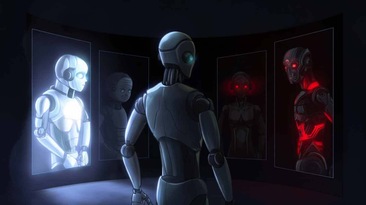 Robot seisab pimedas ruumis, ümbritsetuna kolmest ekraanist. Vasakpoolsel ekraanil on hele sinine robot, keskel hall robot ja paremal punase valgusega robot. Keskel olev robot vaatab ekraane.