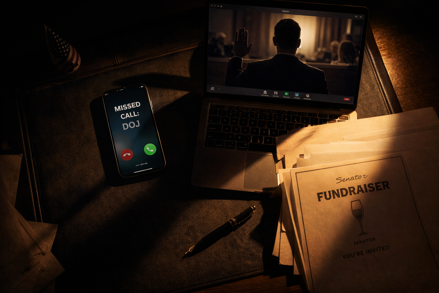 A senator's desk in shadow