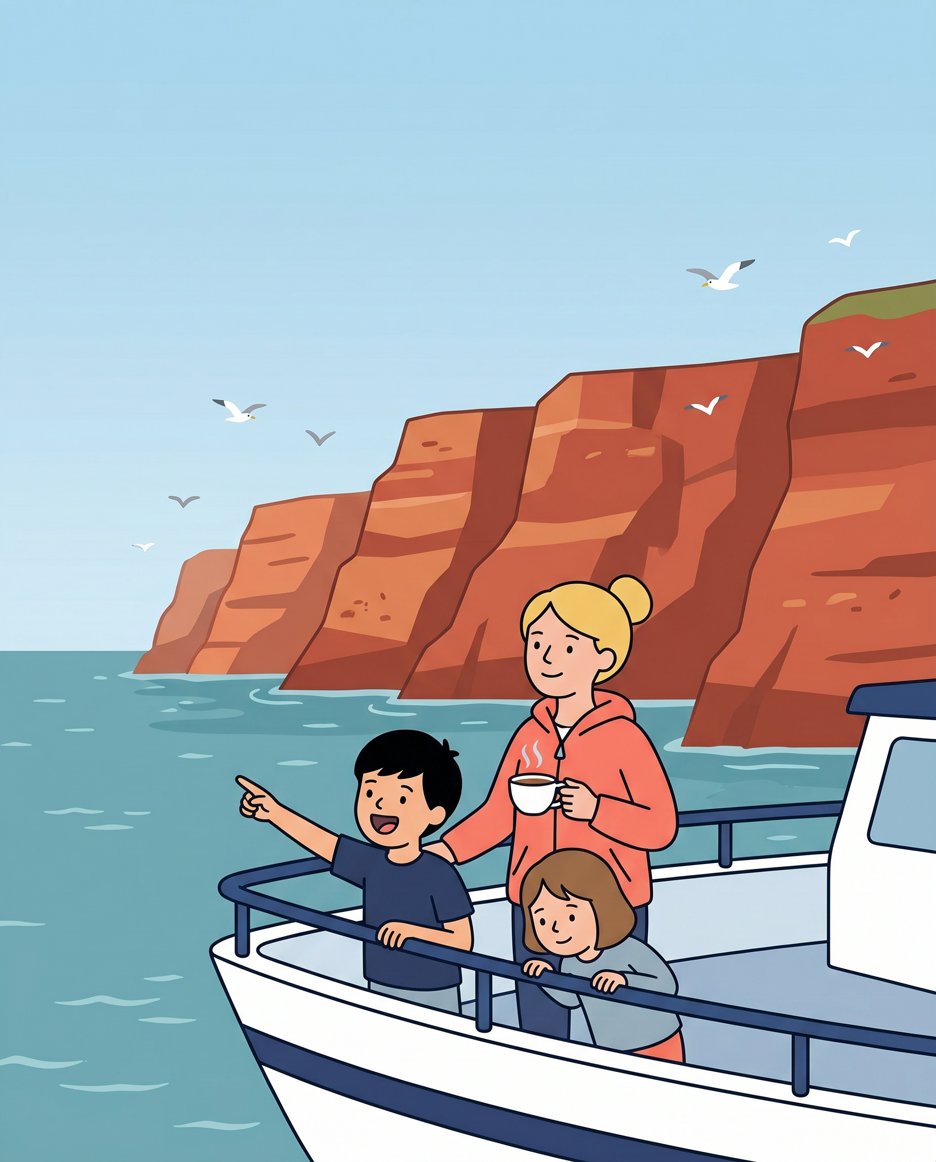 Illustration of a family on a boat looking at red Jurassic Coast cliffs