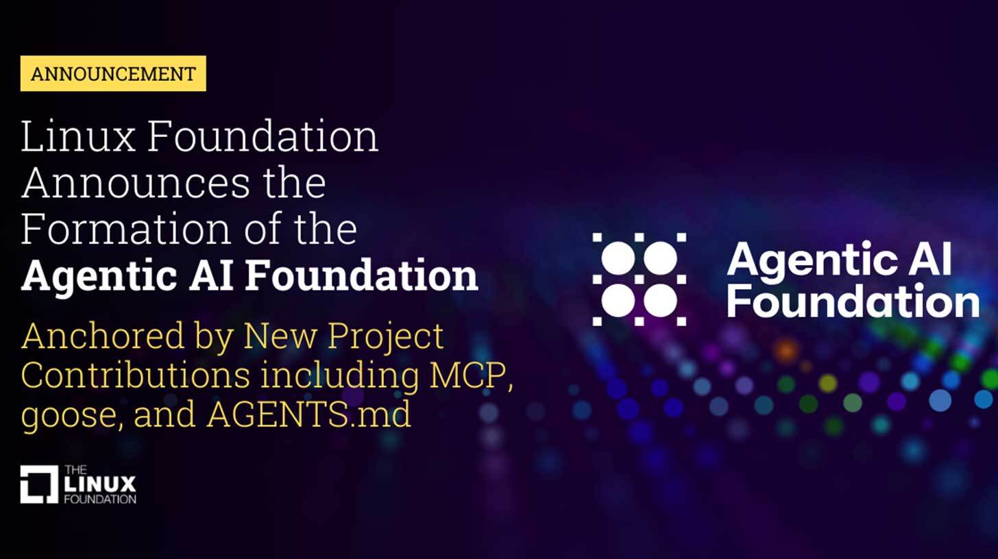 Teade lillal taustal. Vasakul on tekst, mis teatab Agentic AI Foundationi asutamisest Linux Foundationi poolt, rõhuasetusega projektidele nagu MCP, goose ja AGENTS.md. Paremal pool on Agentic AI Foundationi logo ja nimi. Vasakul all on Linux Foundationi logo. Taustal on värvilised, hägusad valgusefektid.