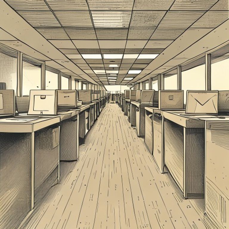 Open-plan federal-office floor with rows of empty cubicles vanishing to the horizon; three desks at the front still occupied with a small reading lamp lit. Engraving-style editorial cartoon.