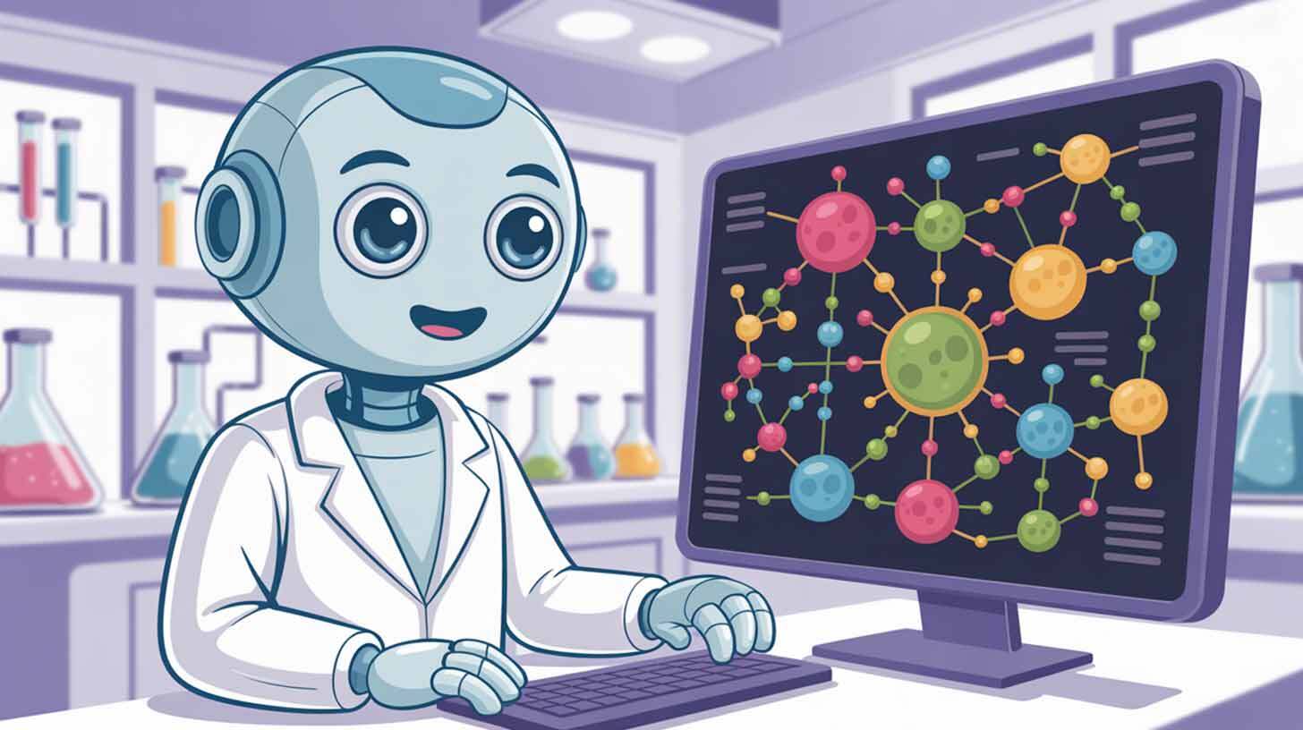 Robot valges kitlis istub laboris arvuti ees. Arvutiekraanil on värviline molekulaarvõrgustik. Taustal on erinevate kemikaalidega täidetud laborianumad.