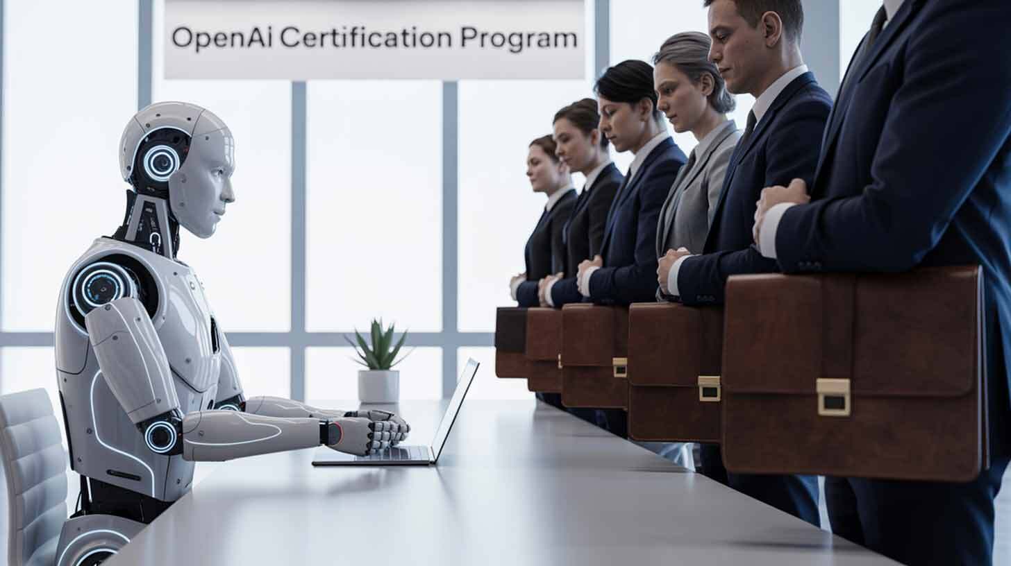 Robot istub laua taga ja töötab sülearvutiga. Tema vastas seisab järjest mõned inimestest koosnev rida, kes kannavad äririietust ning pruunid portfellid. Taustal on plakat kirjaga 'OpenAI Certification Program'.