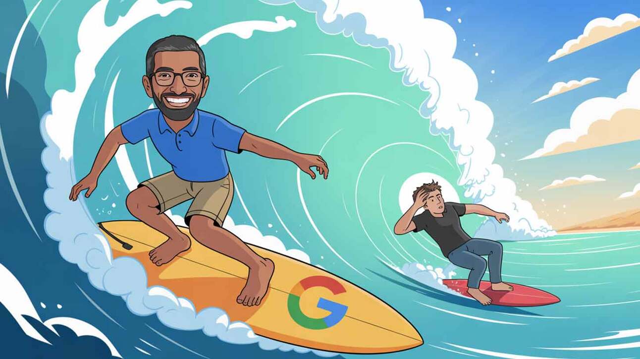 Kaks animeeritud tegelast sõidavad lainetes surfilaudadel. Ühel neist on pruunid lühikesed püksid ja sinine särk ning tema laud on kaunistatud Google'i logoga. Teine kannab musta särki ja siniseid teksaseid. Esiplaanil olev tegelane naeratab ja on enesekindel, taustal olev tegelane paistab olevat tasakaalu kaotamas. Taustal on sinine taevas ja mõned valged pilved.