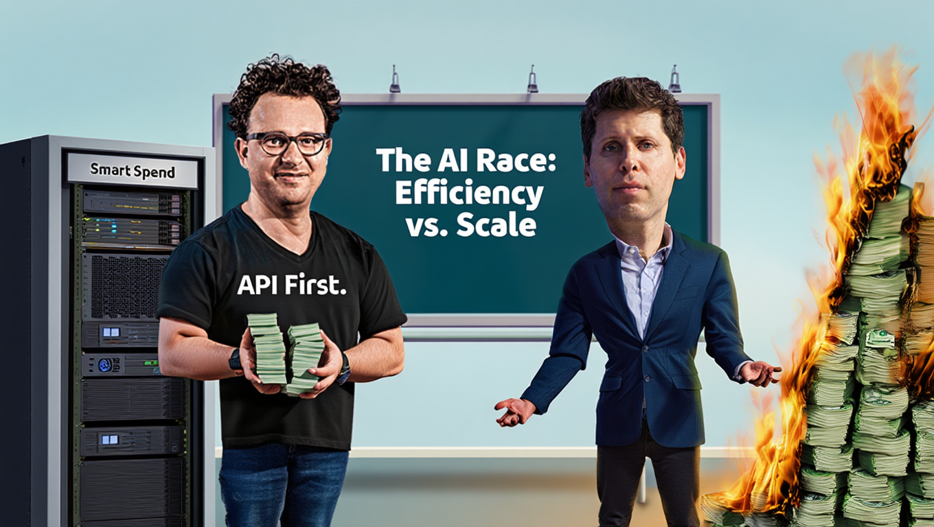 Kahel mehel on karikatuursetes proportsioonides kehad ja nad seisavad tahvli ees, millel on tekst 'The AI Race: Efficiency vs. Scale'. Ühel mehel on seljas must särk kirjaga 'API First' ning ta hoiab käes rahatähti. Tema kõrval on serverikapp sildiga 'Smart Spend'. Teisel mehel on seljas sinine ülikond ning tema kõrval on põlev rahahunnik.