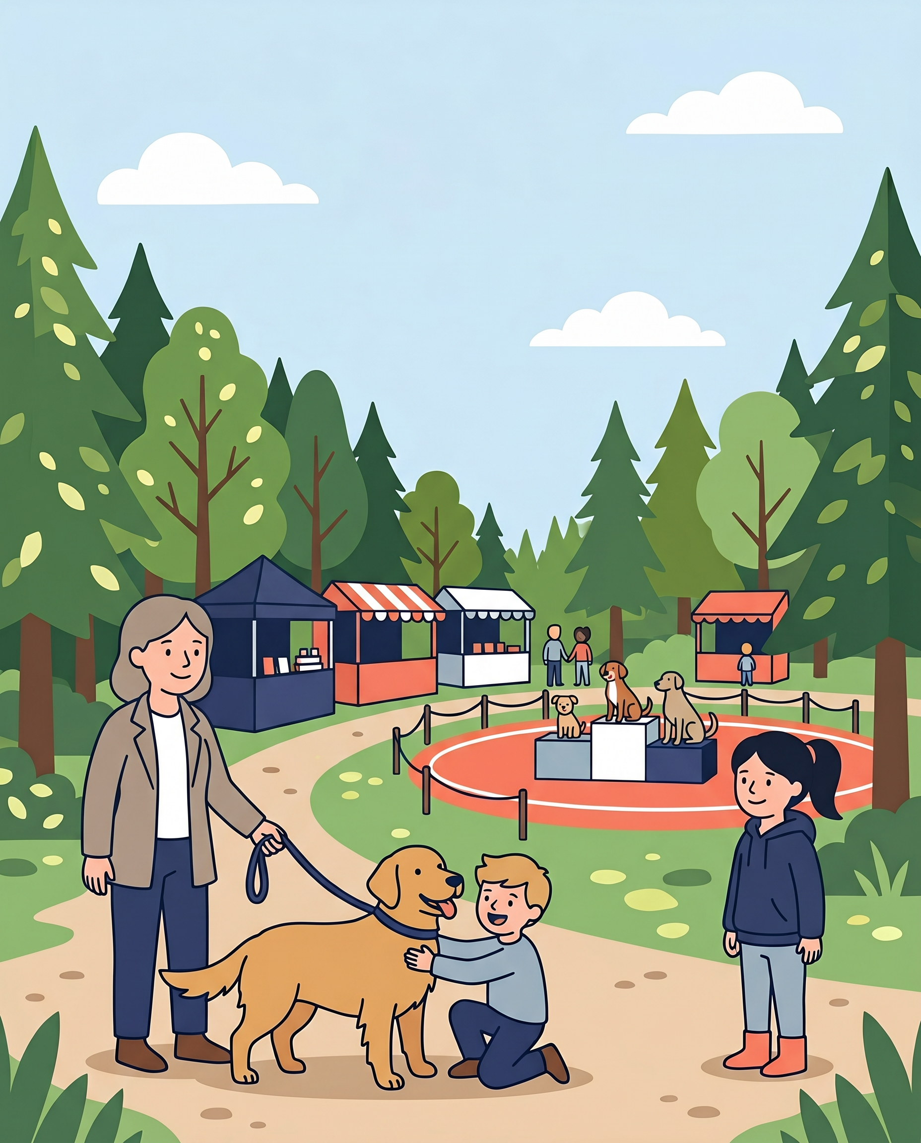 Illustration of a family with their dog at the Haldon Forest Bark event