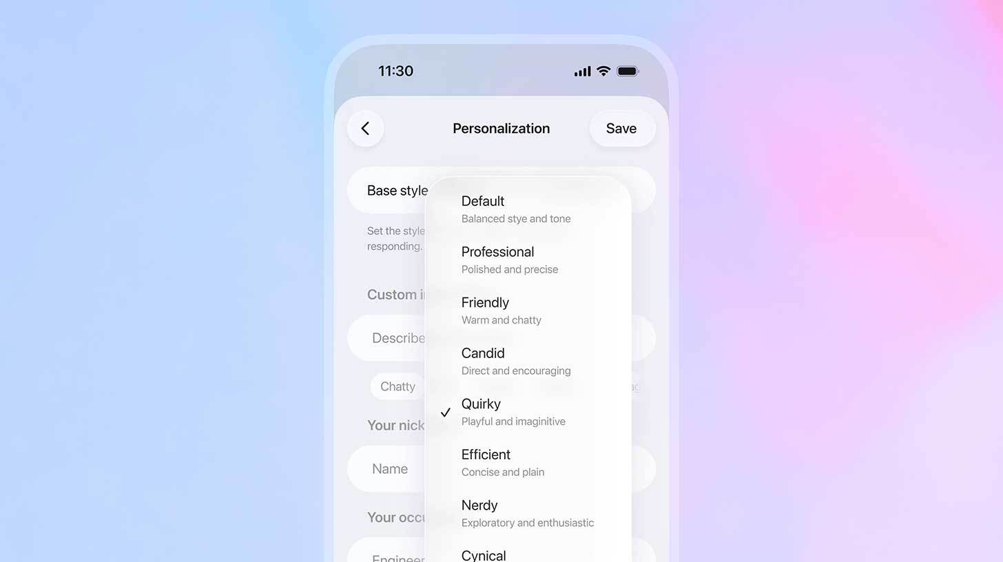 Nutitelefoni ekraanil on personaliseerimise seadete menüü, kus saab valida erinevaid stiile. Näidatud stiilide hulka kuuluvad 'Default', 'Professional', 'Friendly', 'Candid', 'Quirky', 'Efficient', 'Nerdy' ja 'Cynical'. Praegu on valitud stiil 'Quirky'. Ekraani ülaosas on kellaaja näit. Taust on sinise ja roosa varjundiga.