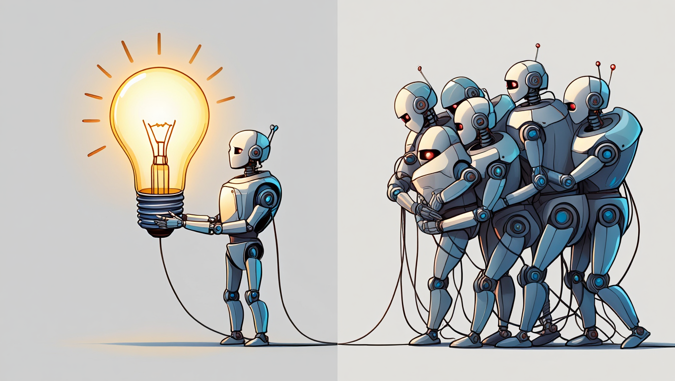 Vasakul pool on üks robot, kes hoiab heledat pirni, mille traadid ühenduvad teiste robotitega paremal pool, kes on omavahel ühendatud.
